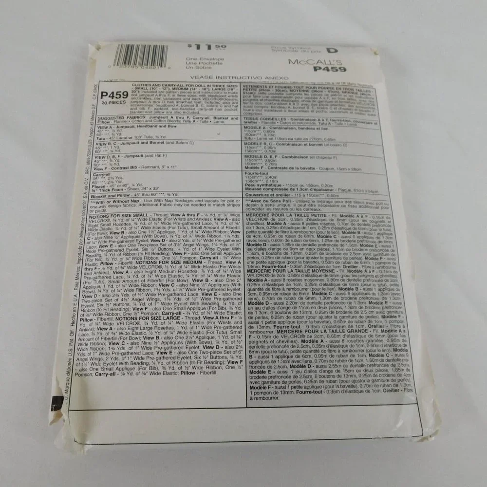 McCalls P459 Sewing Pattern Vintage 1999 Doll Clothes Carry-All Size S M L Uncut - Picture 2 of 4